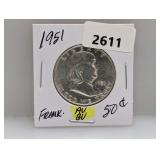 1951 90% Silv AU/BU Franklin Half $1 Dollar