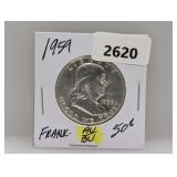 1959 90% Silv AU/BU Franklin Half $1 Dollar