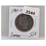 1907-D 90% Silv Barber Half $1 Dollar