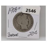 1908-D 90% Silv Barber Half $1 Dollar