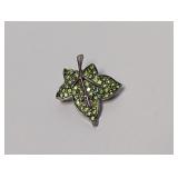 Silver Tone Green Stone Leaf Brooch