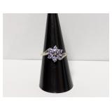 .925 Sterl Purple Flower w/Diam Center Ring Sz 8
