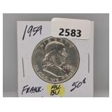 1959 90% Silv AU/BU Franklin Half $1 Dollar