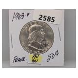 1963-D 90% Silv AU/BU Franklin Half $1 Dollar