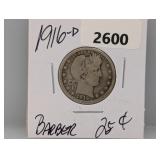 1916-D 90% Silv Barber Quarter