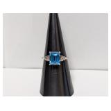 .925 Sterl Blue Stone/Diam Ring Sz 7