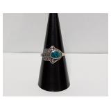 .925 Sterl Turquoise Hamsa Style Ring Sz 8