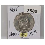 1955 90% Silv AU/BU Franklin Half $1 Dollar