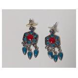 Silver Tone Blue/Red Dangle Earrings