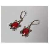 .925 Sterl Red Stone Turtle Earrings