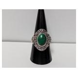 .925 Sterl Malachite Floral Motif Ring Size 9