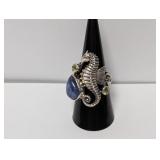 .925 Sterl Seahorse Blue/Green Stone Ring Size 8