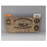 1863 State of Alabama Twenty Five Cent Note