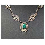 18" .925 Sterl Filigree Green Stone Necklace 14.7g