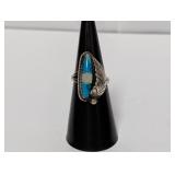 .925 Sterl Turquoise/MOP Leaf Motif Ring Sz 6.5