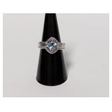.925 Sterl Cushion Blue Gem/Diam Halo Ring Sz 7