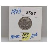 1943 90% Silv Mercury Dime