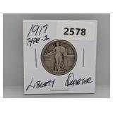 1917 90% Silv Type 1 Liberty Quarter