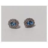 .925 Sterling Blue Stone Double Halo Earrings