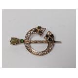 9K Gold Celtic Ornate Ardagh Brooch w/Gemstones