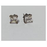 .925 Sterl Princess Cut Stud Whte Stone Earrings