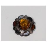 .925 Sterling Flower Motif Yellow Stone Brooch