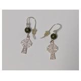.925 Sterl Celtic Cross Earrings w/Green Bead
