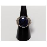 .925 Sterl Blue Stone w/Flower Accents Ring