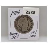 Key Date 1914 90% Silv Barber Half $1
