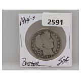 1914-S 90% Silv Barber Half $1 Dollar