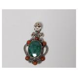 .925 Sterl Green Oval Stone Pendant w/Red Accents