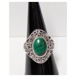 .925 Sterl Oval Green Malachite Stone Ring Sz 9