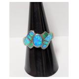 .925 Sterl Blue Opal Inlay Ring Sz 8.5