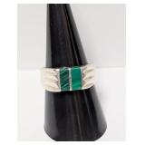 .925 Sterl Taxco Green Stone Inlay Ring Sz 9