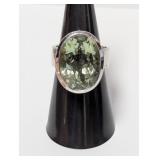 925 Sterl Lg Oval Green Faceted Stone Ring Sz 7