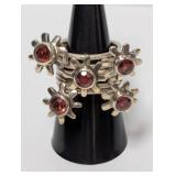 .925 Sterl Red Center Stones Gear Style Ring Sz 8