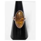 .925 Sterl Oval Amber Stone Ring Sz 7.5