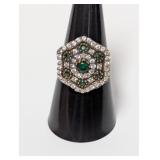 .925 Sterl Green & Clear Gemstone Ring Sz 7.5
