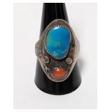 .925 Sterl Turquoise/Coral Ring Sz 11