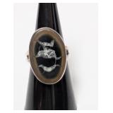 .925 Sterl Dark Oval Patterned Stone Ring Sz 8.5