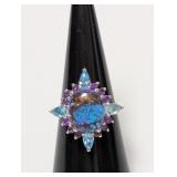 .925 Sterl Oval Turquoise Starburst Gem Ring Sz 7