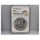 NGC 1986 MS69 1oz .999 Silv Eagle $1 Dollar