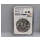 NGC 1986 MS69 1oz .999 Silv Eagle $1 Dollar