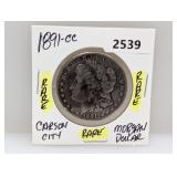 Rare 1891-CC 90% Silv Morgan $1 Dollar