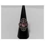.925 Sterl Pink/Marcasite Ornate Ring Sz 8