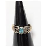 .925 Sterl Blue Oval Center Stone Ring Sz 8