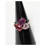 .925 Sterl Pink/Red Gemstone Cluster Ring Sz 6.5