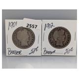 1901 & 1912 90% Silv Barber Half $1 Dollars