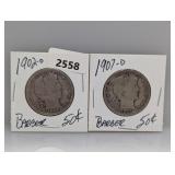 1902-O & 1907-D 90% Silv Barber Half $1 Dollars