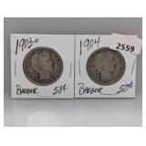 1903-O & 1904 90% Silv Barber Half $1 Dollars
